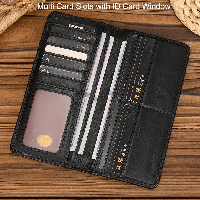 Genuine Leather Long Wallet for Men, Large Capacity Purse Clutch Bag Handbag Checkbook Cash Credit Cards Phone Holder | Large Capacity