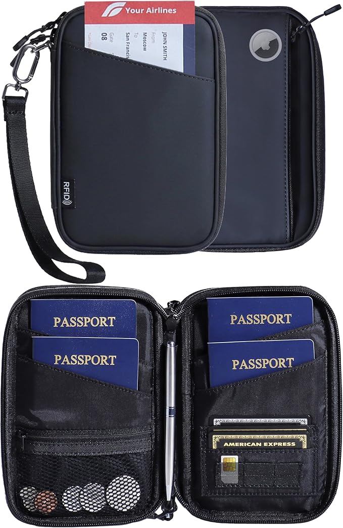 Lagre Family Passport Holder for 4, Black | Passport Wallet for Travel, RFID Blocking, Waterproof with Zipper, Airtag Case, Multiple Passport Bag