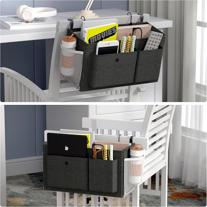 Bedside Caddy Bedside Storage Hanging Organizer for Bunk Dorm Bed Rail | Bed Caddy with Hooks, Top Bunks and Dorm Essentials for Water, Tissues, Tablets, Books, Phones, Remotes and Other Necessories
