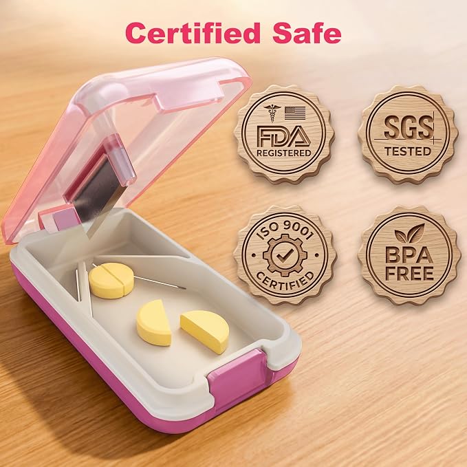 Fullicon Secure Precise Pill Cutter for Small Pills, Safe Tablet Slicer for Large Tiny Pills, Easy to Clean Coupe Pillule Portable Travel (Pink)