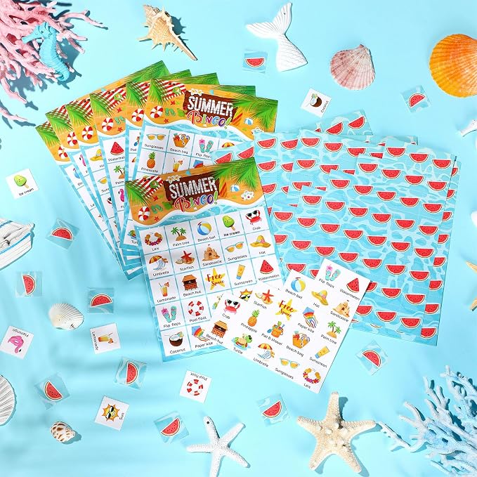 Liliful 35 Pcs Summer Bingo Games 24 Players Beach Party Bingo Cards Hawaii Party Games for Boys Girls Adults Family Classroom Activities Tropical Beach Luau Party Favors Supplies