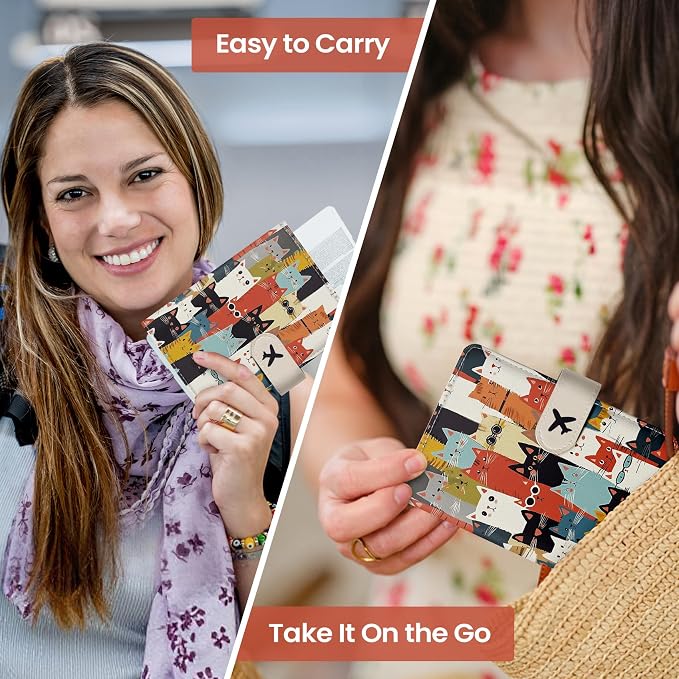 Passport Holder for Travel Essentials, RFID Blocking Leather Cover Wallet with Magnetic Closure, Aesthetic & Cute Passport Book Case for Women and Men - Cat