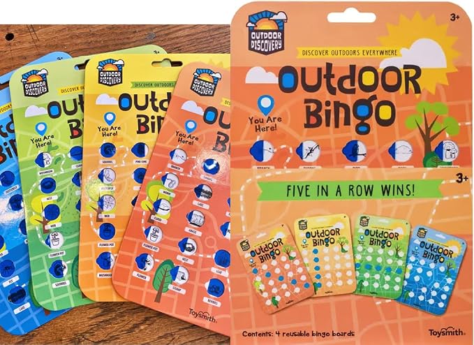 Matty's Toy Stop Toysmith Reusable Outdoor Bingo Cards (Yellow, Blue, Green & Orange) with Bonus Storage Bag - 4 Pack