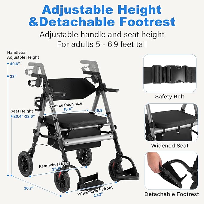 Walkers for Seniors,Heavy Duty Rollator Walker Wheelchair Combo, 2 in 1 Rollator Transport Chair with Brakes, 450 lb Rolling Walker 10" Big Wheels for All Terrain, Grey