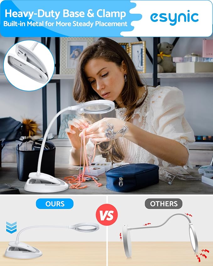 eSynic Desktop Magnifying Glass with 15 LED Lights-800mAh Rechargeable | 5X & 10X Acrylic Lens-3-Level Dimmable-Flexible Gooseneck-Clamp & Base Stand – for Reading/Soldering/Crafts/Elderly