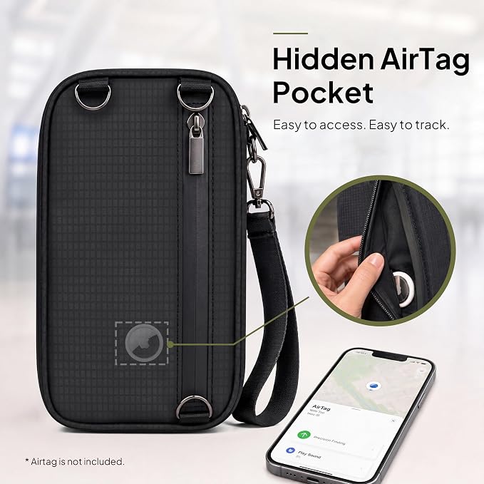 Crossbody Family Passport Holder for 4 with Tracker Slot | RFID Blocking, Holds 4 passports and 8 cards. Crossbody and wristlet carry modes in water-resistant 210D nylon.