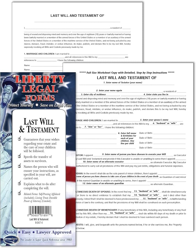 Last Will & Testament Forms Kit for USA - Complete Do-It-Yourself Legal Documentation Set by Permacharts