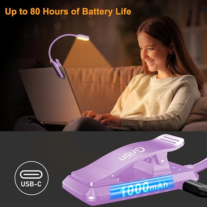 Gritin 16 LED Rechargeable Book Light for Reading in Bed | Eye Caring 3 Color Temperatures, Stepless Dimming Brightness, 80 Hrs Runtime, Lightweight Flexible Clip on Light-Purple