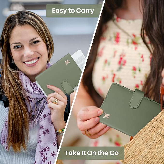 Passport Holder for Travel Essentials, RFID Blocking Leather Cover Wallet with Magnetic Closure, Aesthetic & Cute Passport Book Case for Women and Men - Green
