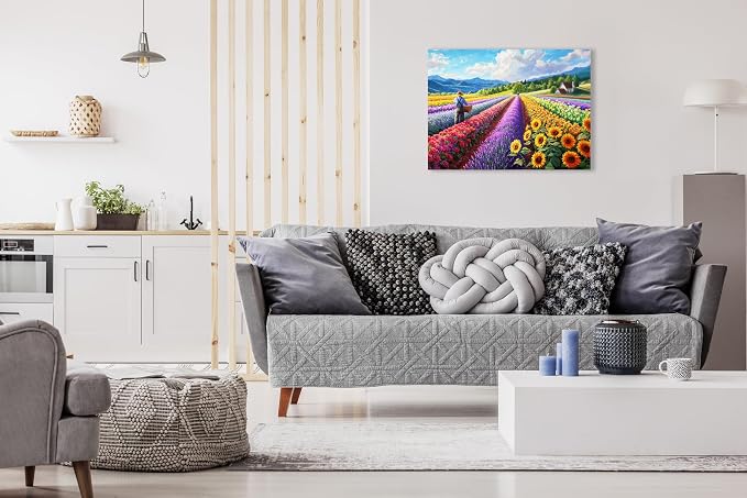 Adult Jigsaw Puzzle 1000 Piece Mountain Flower Farm | Vibrant sunflowers and colorful floral rows of a country cottage farm scene. Suitable on a table, puzzleboard or floor.