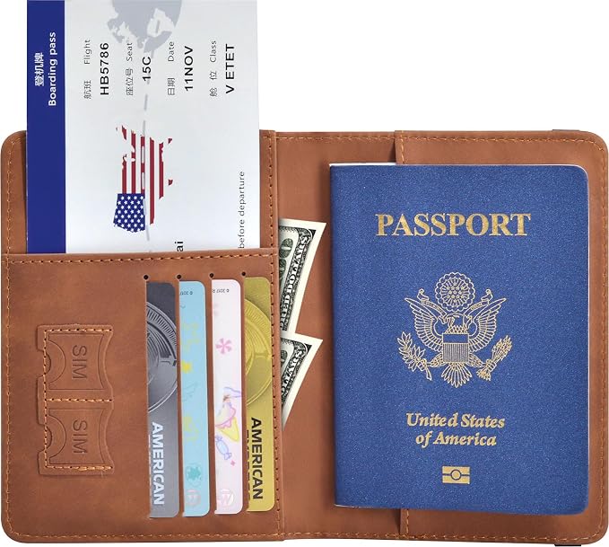 Passport Holder, Passport Cover with Credit Card Slot and Boarding Pass Slot Combo, Passport Wallet Case Book Travel Must Have, RFID Blocking Leather Travel Accessories, Brown