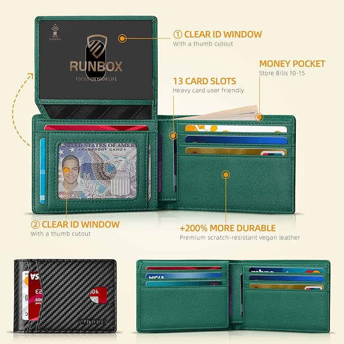 RUNBOX Wallet for Men -Slim Rfid Leather Mens Bifold Novelty Wallets 2 ID Window With Gift Box Men's Accessories | Minimalist Front Pocket Design, Holds 15 Cards, Large Capacity with Cash Pocket,Compact and Thin, Birthday Gifts for Men