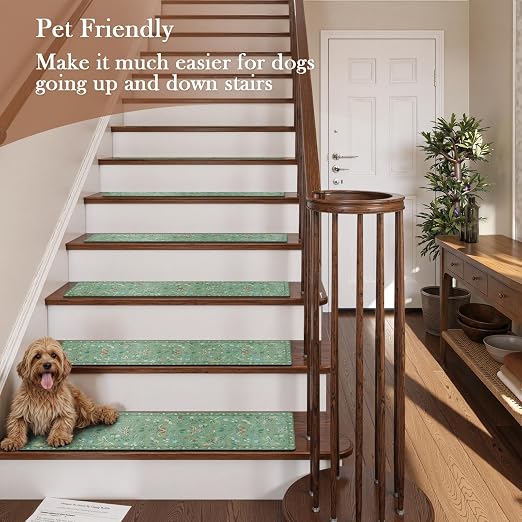 OJIA Insect Non-Slip Stair Treads for Wooden Steps 4PC 30"X8" Stair Runners | Indoor Anti-Slip Stair Rugs Safety Mats for Dogs, Kids & Elders, Rubber Backed Stair Treads Stair Covers, Green