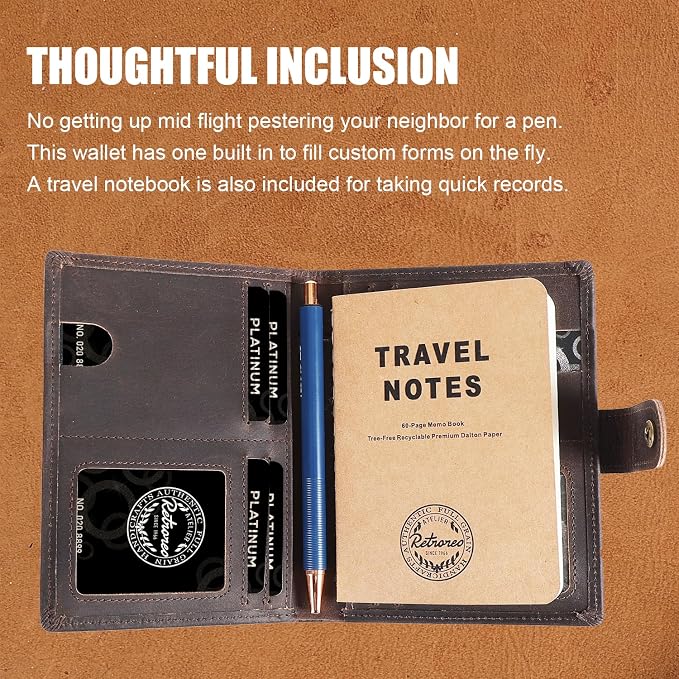 Vitus Full Grain Leather Passport Wallet, Travel Document Organizer with RFID Blocking, Dual Passport Slots, Multiple Card Holders, AirTag Compatible, a 60-Page Travel Notebook & Pen Included