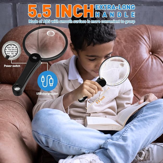15X 30X 45X Rechargeable Magnifying Glass with Light(LCD Display) | Battery Level Indicator, 49 Anti-Flicker LEDs, 5.2" Large Handheld Magnifier for Seniors Reading Coin & Jewelry Inspection
