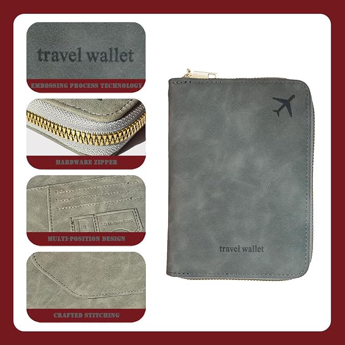 Passport Holder with Tether and Clip to Prevent Loss and Theft, Rfid Passport Holder for Travel, Passport Cover Wallet, Passport Case for Men and Women (Gray - Tether and Clip)