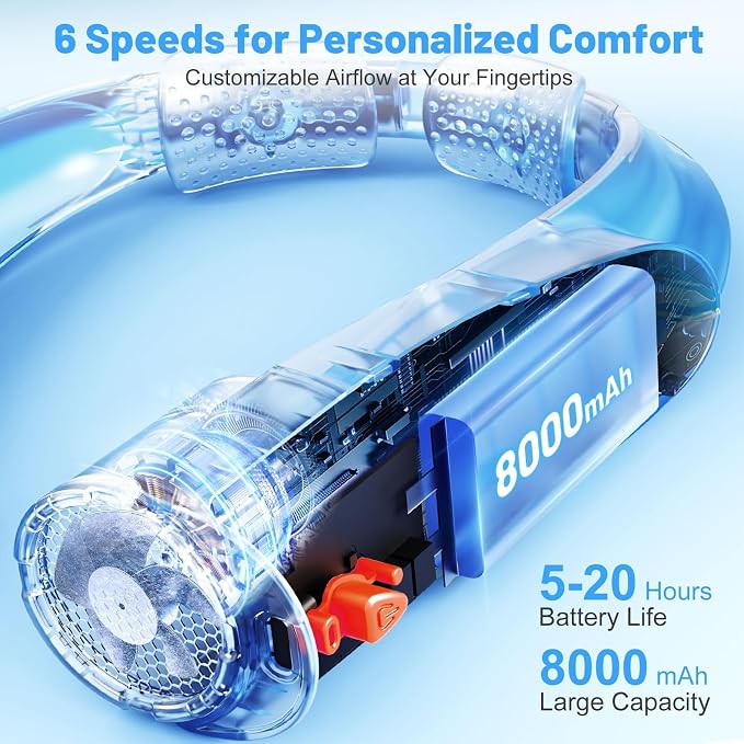 8000mAh Portable Neck Fan with 6 Powerful Speeds, 20H Runtime Cooling Fan | USB-C Rechargeable Fan,Hands-Free 360° Cooling Neck Fan,Twistable,Wearable Personal Fan Gift for Women Men Outdoor
