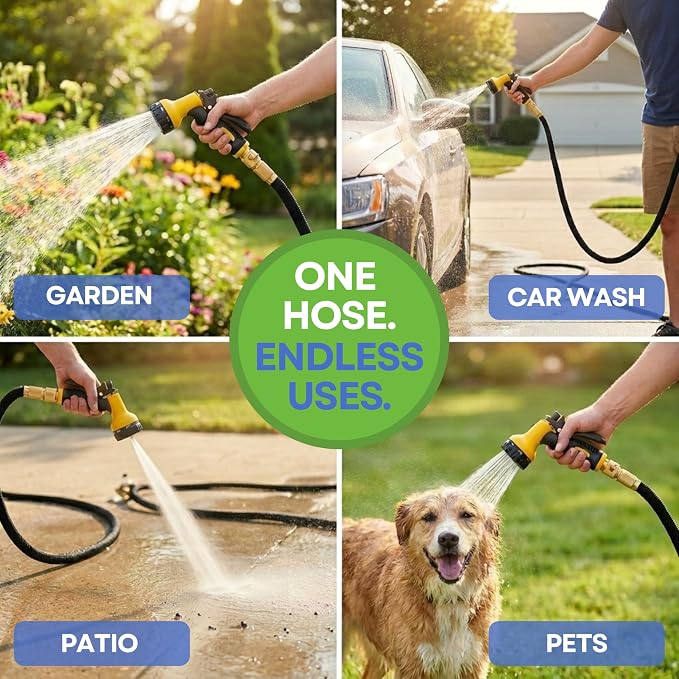 J&B XpandaHose 50ft Expandable Garden Hose, Lightweight, Brass Connectors | Ultra Strong 3750D fabric, 4-layer latex core, expands 3X, kink & leak-resistant, 10-pattern nozzle, storage bag