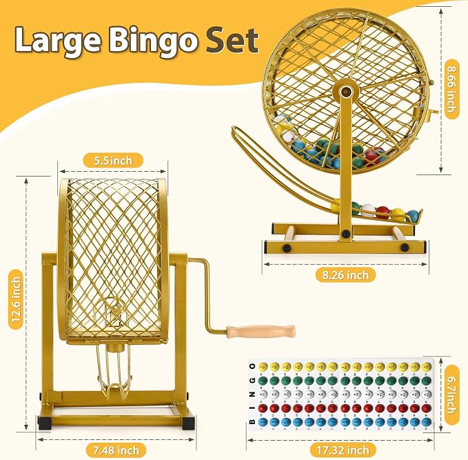 AugFir 12.6" Tall Bingo Game Sets with Steel Cage, Professional Bingo Game for Adults Includes 150 Colorful Chips, 30 Cards and 75 Balls, Great for Fun Family, Large Groups, Parties