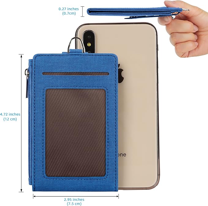 Women & Men Keychain Card Holder Case Zipper Slim Minimalist Front Pocket Wallet with 2 ID Window, Royal Blue