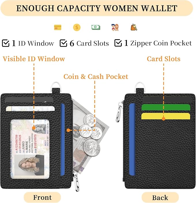Hancynir Black Minimalist Small Wallet Women Credit Card Holder Slim RFID | Zipper Keychain Wallet, Key Chain, Travel Coin Front Pocket, Ladies Women Men Gifts, Thin Card Case, 6 Card Slots, PU Leather