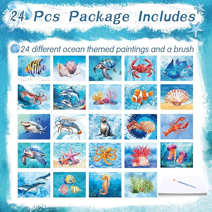 24 Pcs Dementia Products for Elderly Alzheimers Activities for Adults Seniors Reusable Water Painting Supplies with 1 Painting Brush Water Doodle Coloring Drawing Gifts Set(Ocean Life)