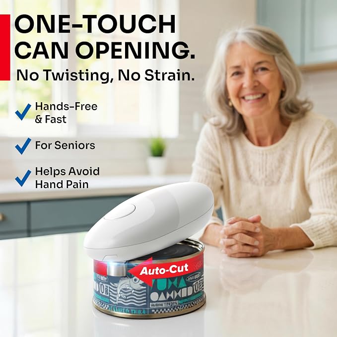 MUELLER HOME SmoothEdge Auto Electric Can Opener – Battery‑Operated One‑Touch w Magnet Lid Lifter, Smooth‑Edge Cut Technology – Portable Hands‑Free Automatic Can Opener for Seniors & Arthritis, White | Battery-Operated, One-Touch w Magnet Lid Lifter, S...