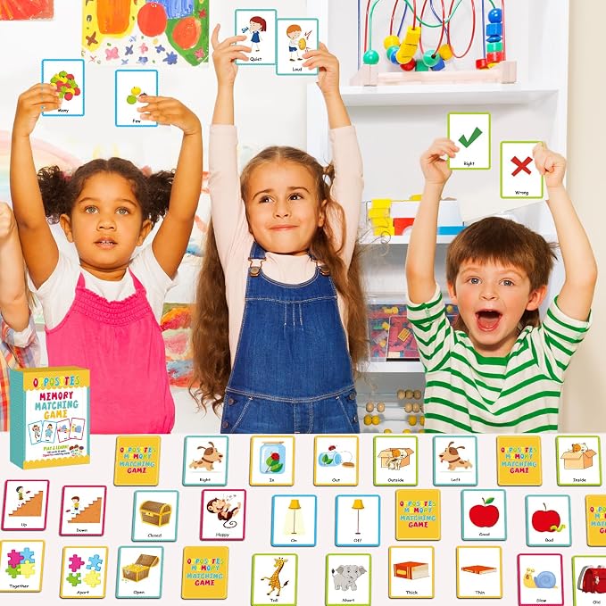 gisgfim 100 PCS Opposites Memory Matching Game Sight Words Concentration Memory Card Educational Game for Kids Preschool Learning Educational Ages 3-8 A Fun & Fast Gift Activities Matching Games