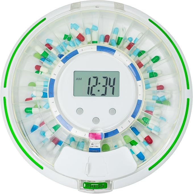 Automatic Pill Dispenser for Elderly with Alarm, Lock 28-Day Medication Dispenser, 6 Dosage Templates, Sound & Light Alerts & Key for Vitamins, Supplements (Clear Lid)
