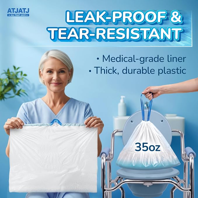 60 Packs Commode Liners With 60 Absorbent Pads, Leak-Proof Disposable Toilet Bags for Adults, Fits All Bedside Toilet Chairs Bucket, Portable Potty Liners for Home Medical Use, No Mess Cleanup