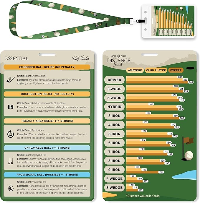 Sunsella Golf Club Range Chart & Golfing Rules Reference Guide | Club Yardage Distance Finder | Ideal Golf Bag Accessory & Golf Practice | Training Aids | Made in USA | Pocket Sized 3.54 in x 5.12 in
