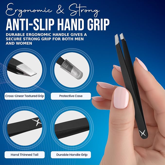 Slanted Stainless Steel Tweezers for Men & Women - Precision Eyebrow Tweezers for Facial Hairs, Strong Grip, Fine Tip, Professional Tweezer for Plucking & Grooming (Matt Black)