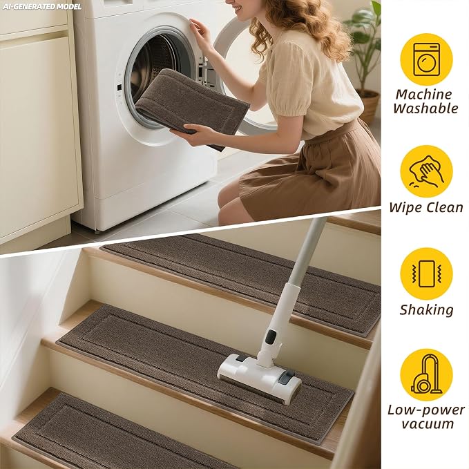 JSEI Stair Treads for Wooden Steps Indoor, 4-Pack, 30" x 8", Light Brown | Non Slip Stair Treads, Washable Polyester Stair Mats with TPE Backing, Low Profile Stair Rugs for Kids, Seniors and Dogs