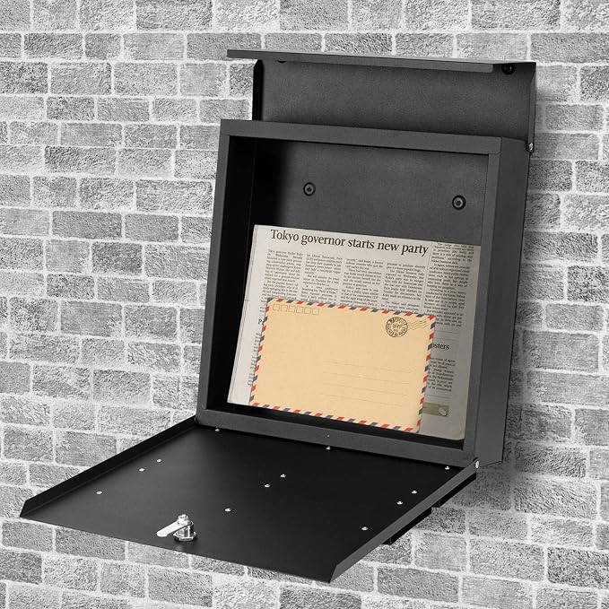 Wall-Mount Mailbox with Lock and Keys, Security Key Drop Box for House Outside, Locking Postbox, Steel Metal Rust-Proof Mail Box, 11.02 x 11.02 x 4.33 Inch, Black, MD002