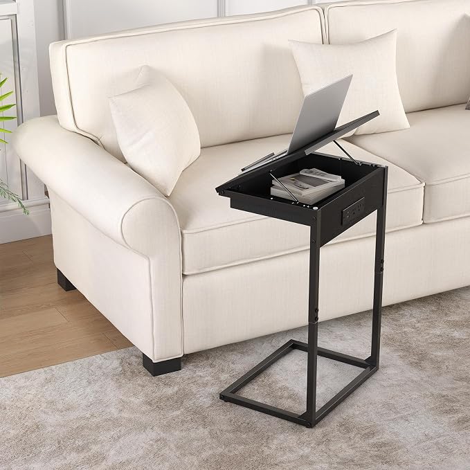sthmec C Shaped End Table with Charging Station, 45° Tiltable Adjustable Flip Top Side Table with Storage,Small C Table for Small Spaces,Slide Under Couch Sofa Bedside Table for Living Room, Black