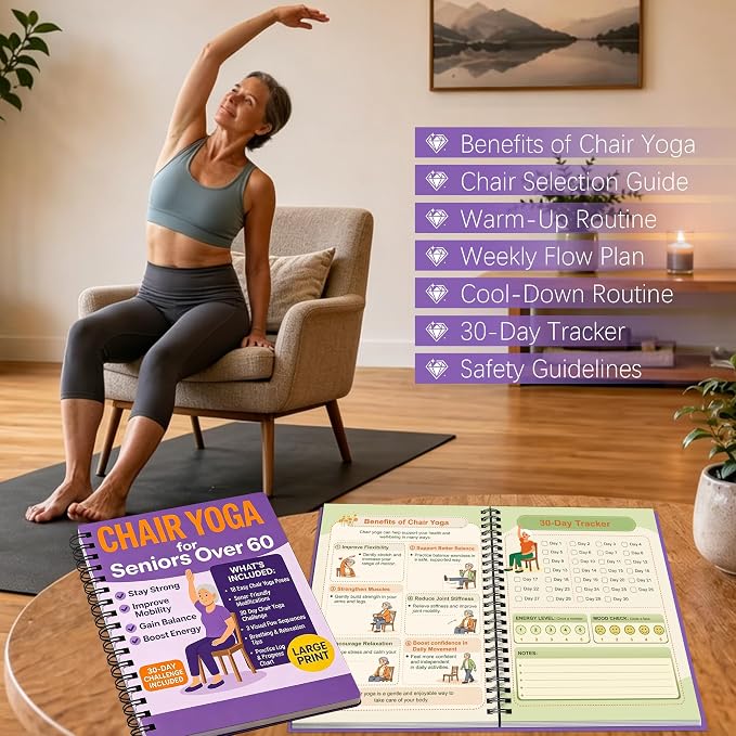 Chair Yoga for Seniors Over 60 Book & Chart – 30-Day Challenge, Gentle Seated Yoga Guide, Chair Yoga for Weight Loss & Flexibility, Senior Chair Exercises for Women & Men, 8.5x11" Book on Chair Yoga (Purple)