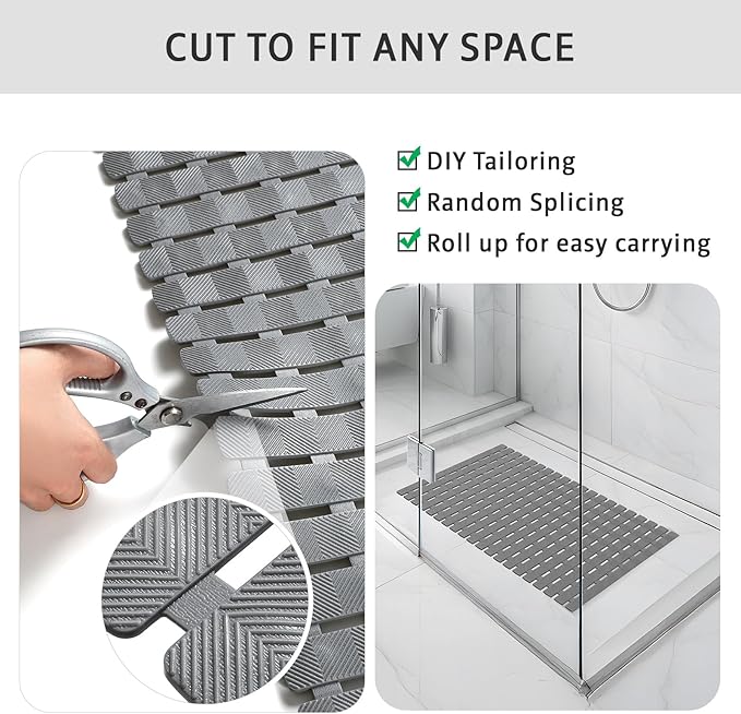 XIYUNTE Shower Mat Non Slip Bath Mat for Tub - 27 X 16 Inch PVC Bathtub Mat Non Slip Shower Mats for Inside Shower, Bath Tub Mat with Powerful Suction Cup, Easy to Cut and Dry, Grey