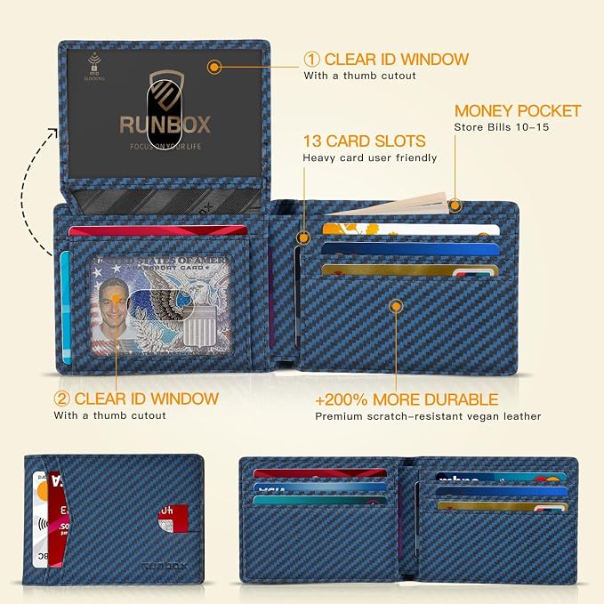 RUNBOX Wallet for Men -Slim Rfid Leather Mens Bifold Novelty Wallets 2 ID Window With Gift Box Men's Accessories | Minimalist Front Pocket Design, Holds 15 Cards, Large Capacity with Cash Pocket,Compact and Thin, Birthday Gifts for Men