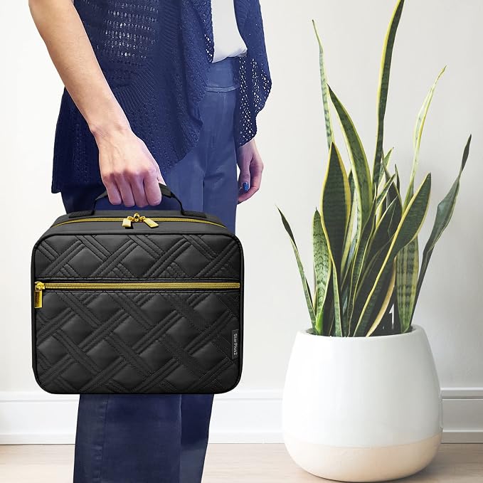 Large Quilted Medicine Organizer Bag - 10 Pockets Soft Pill Bottle Organizer for Travel & Home Storage - Black