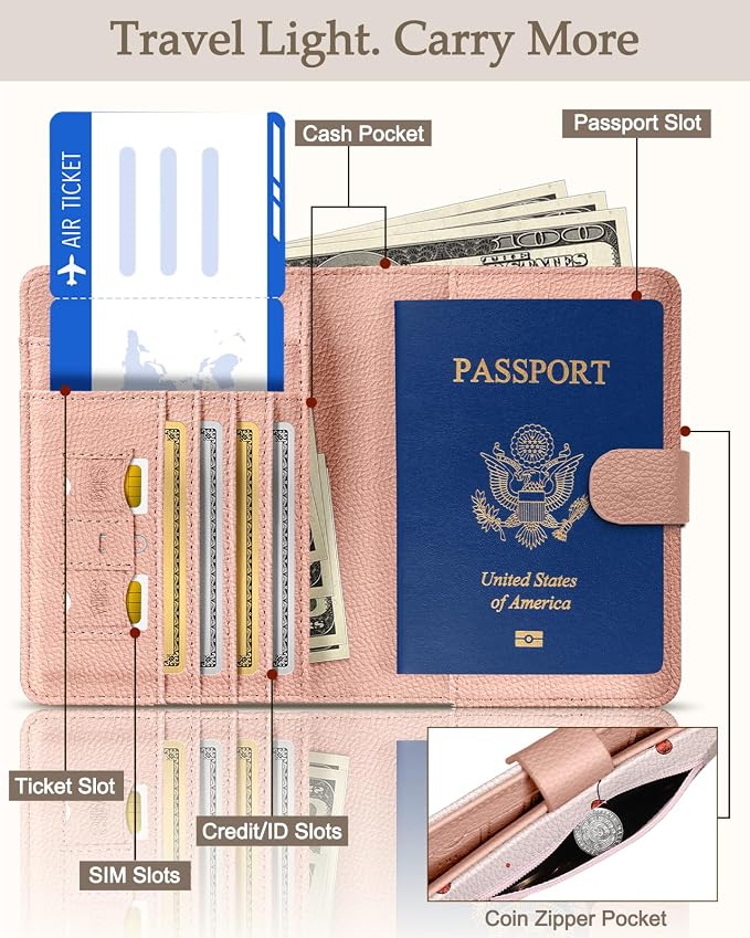 Slohif Airtag Passport Holder Cover Wallet Case for Travel Women - Leather RFID Blocking Passport Book Multiple Personalized Organizer Slim Portable Carrier Card Slots Protector Sleeve Stamp