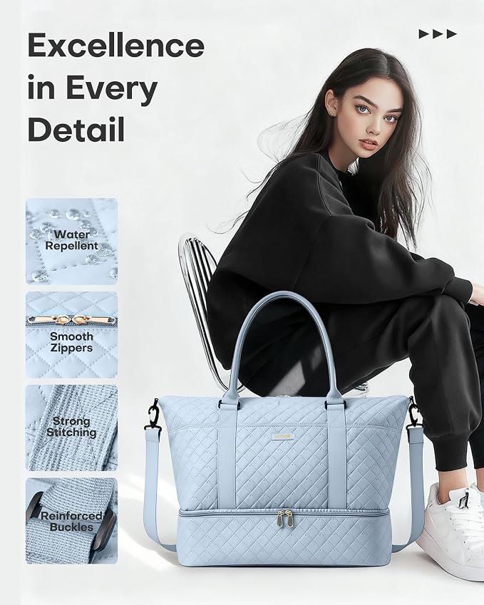 HOTOR Travel Duffel Bag - Weekender Bags for Women, Gym Tote Bags with Shoe Compartment, Carry On Overnight Bag with Toiletry Bag for Travel Essentials and Travel Accessories, Blue, 13.4"×17.3"×7.9"