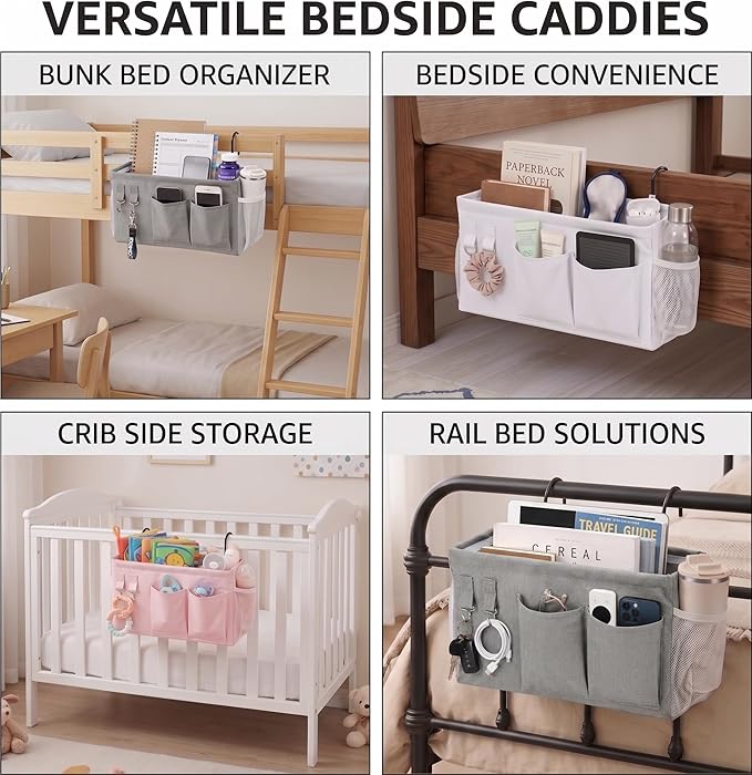 1pc Bedside Caddy Organizer with Hooks, No-Sagging Canvas Hanging Bed Pocket with Water Bottle Holder, Bedside Storage for Dorm Room Essentials, Bunk Bed Accessories, Hospital Bed Rails & Crib (pink)