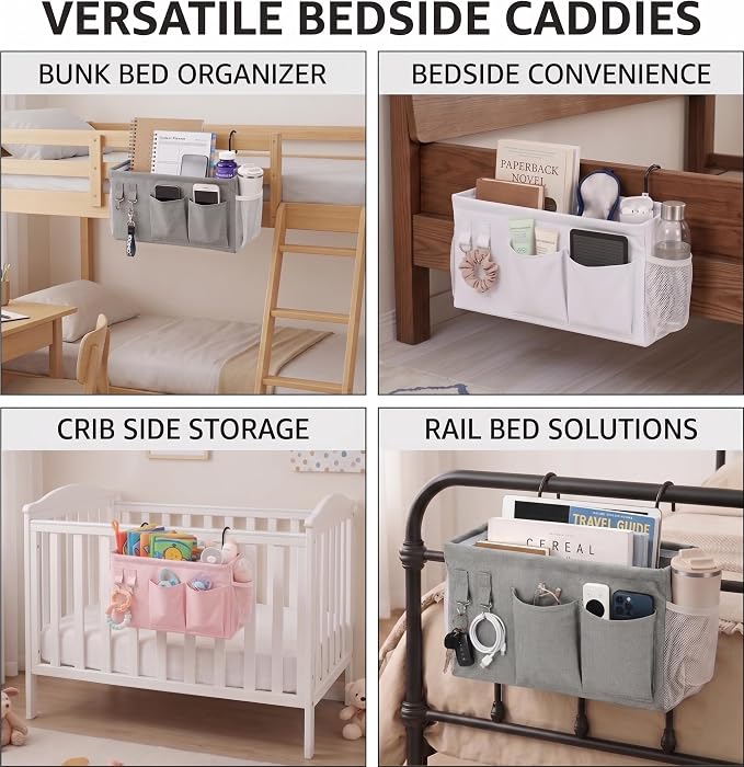 2pc Bedside Caddy Organizer with Hooks, No-Sagging Canvas Hanging Bed Pocket with Water Bottle Holder, Bedside Storage for Dorm Room Essentials, Bunk Bed Accessories, Hospital Bed Rails & Crib (gray)