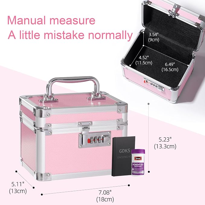 Small Medication Combination Lock Boxes with Code for Personal Items, Medicine Lockbox for Documents - 7.1 x 5.1 x 5.3 Inches Pink