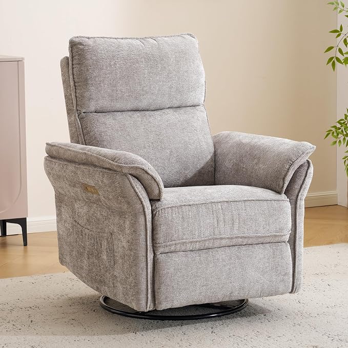Power Nursery Recliner with Auto Rocking,Oversized Swivel Rocker Recliner with Massage and Heat,Glider Recliner Nursery Chair with Adjustable Headrest for Living Room and Bedroom,Light Grey