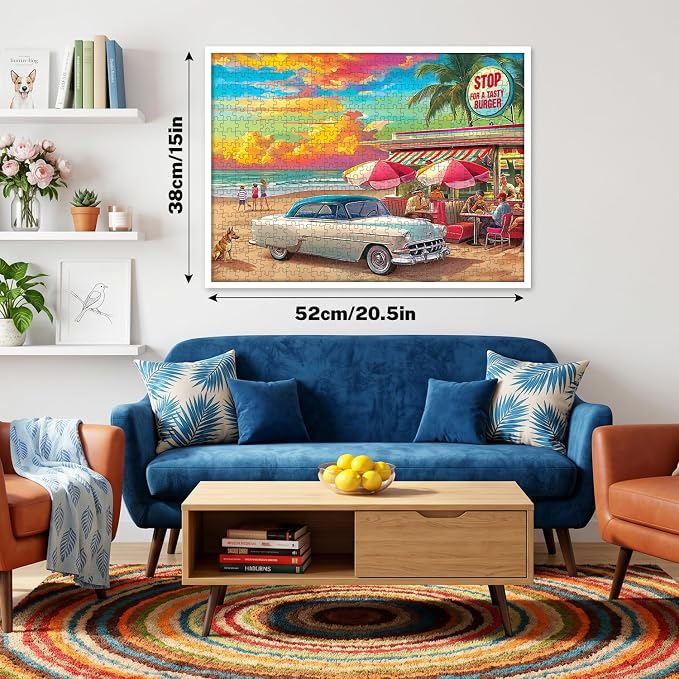 500 Piece Jigsaw Puzzle for Adults, Retro Beach Diner & Classic Car | Vibrant sunset, ocean views, retro beachside charm, family game night, screen-free fun, wall decor and unique gifts