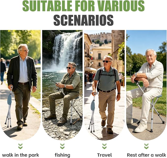 Alloy Folding Cane with Seat, Lightweight Adjustable Walking Cane with Seat, Cane Seat with LED for Seniors, Cane Chair for Woman/Man,Anti-Slip Walking Stick for Seniors