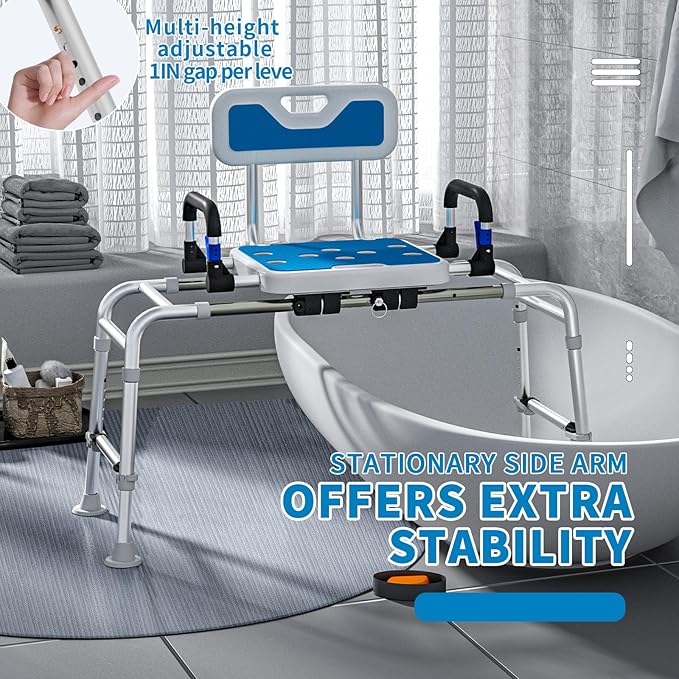Sliding Shower Chair with Arms and Back, 500lbs Tub Transfer Benches with Non Slip Aluminum Body and Suction Cups Adjustable Height Bath Seats for Seniros Elderly Disabled or Bariatric Adults