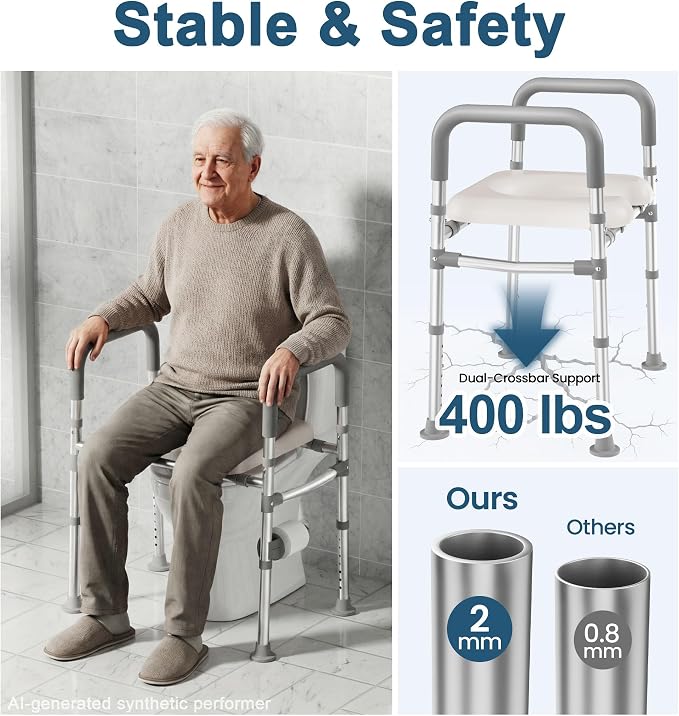 HOMLAND Toilet Seat Risers for Seniors with Handles, Dual-Crossbar, 400lb | Adjustable Height and Width, Padded Seat, Aluminum Reinforced Frame, Raised Handicap Elevated Toilet Seat Fit Any Toilet
