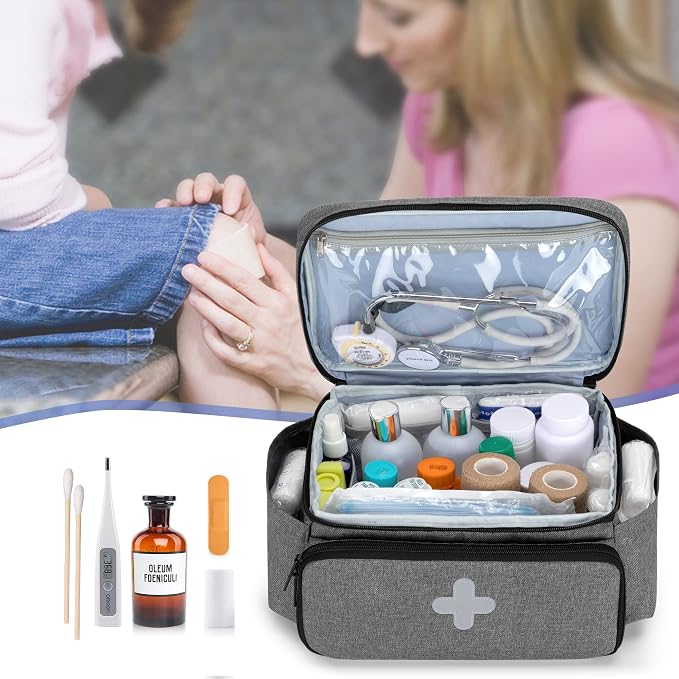 CURMIO Small Medicine Storage Bag, Empty Family First Aid Kits Case, Gray | Emergency Medical Supplies for Home Care, Pill Bottle Organizer, Multifunctional Bag for Medical Use, Dormitory, Travel